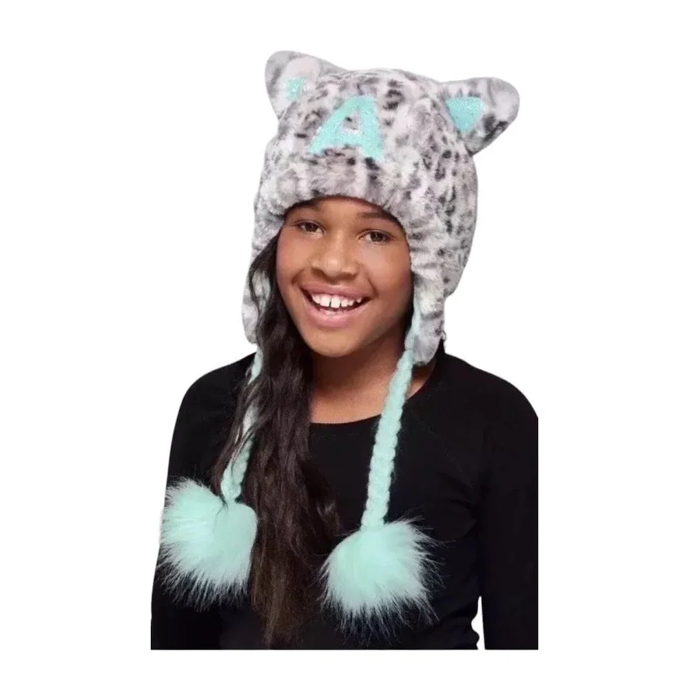 Justice Girl’s Letter N One Size Cheetah Cat Earflap Hat Faux Fur Grey Teal Blue